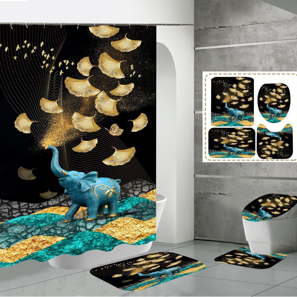 Polyester Elephant 3D Digital Printing Bathroom Personalized Partition Shower Curtain Four-Piece Set