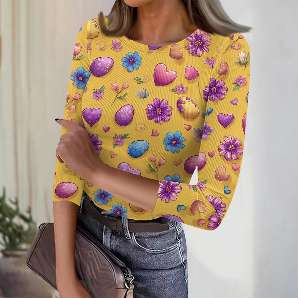 Women's Casual Fashion Round Neck Easter Print Three-Quarter Sleeve Ribbed Top