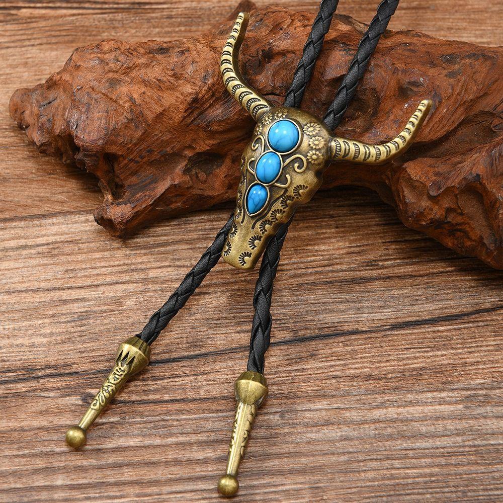 Turquoise Bolo Tie Necklaces Daily Outfits Vintage Sweater Chain Bull Head Necklaces Men Women