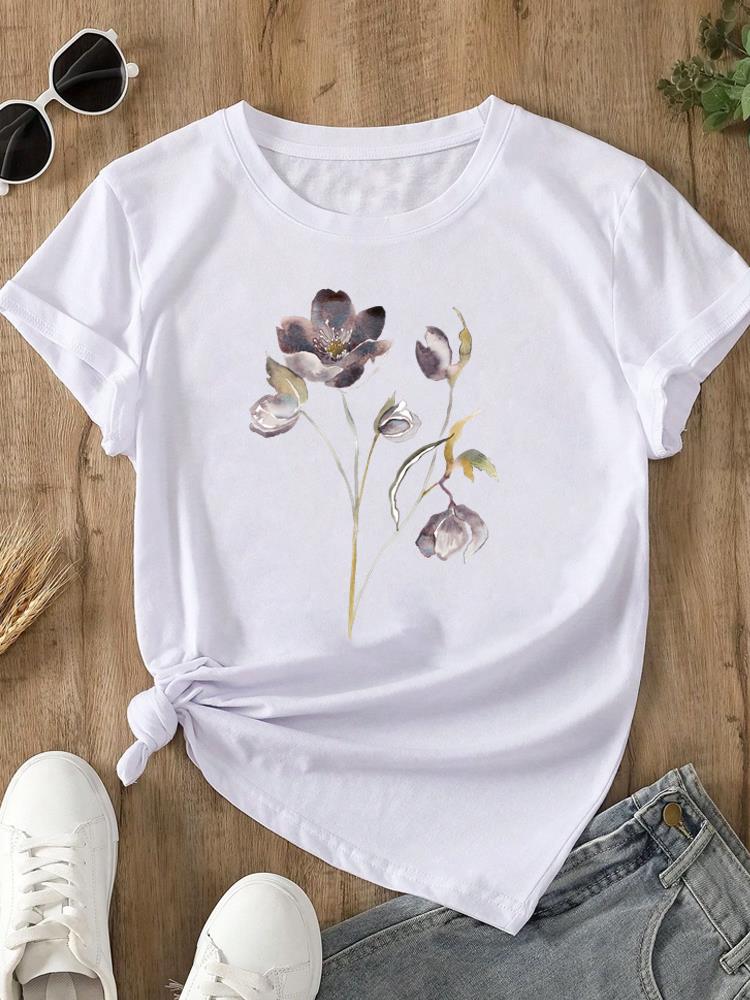 (Asian Size)  trend lovely flower style o-neck Women's Top T Clothing Print Short Sleeve T-shirts Fashion Female Casual Graphic Tee