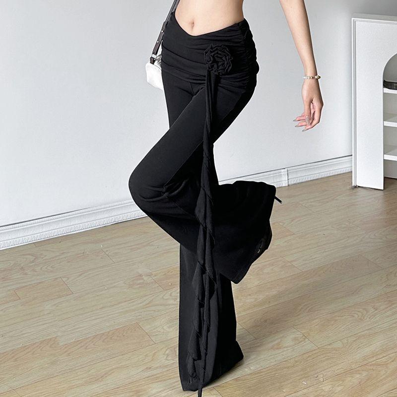 WHATIWEAR Modern Retro Style Three-dimensional Flower High Waist Micro-flare Trousers Streamer Slim Fit Casual Pants for Women
