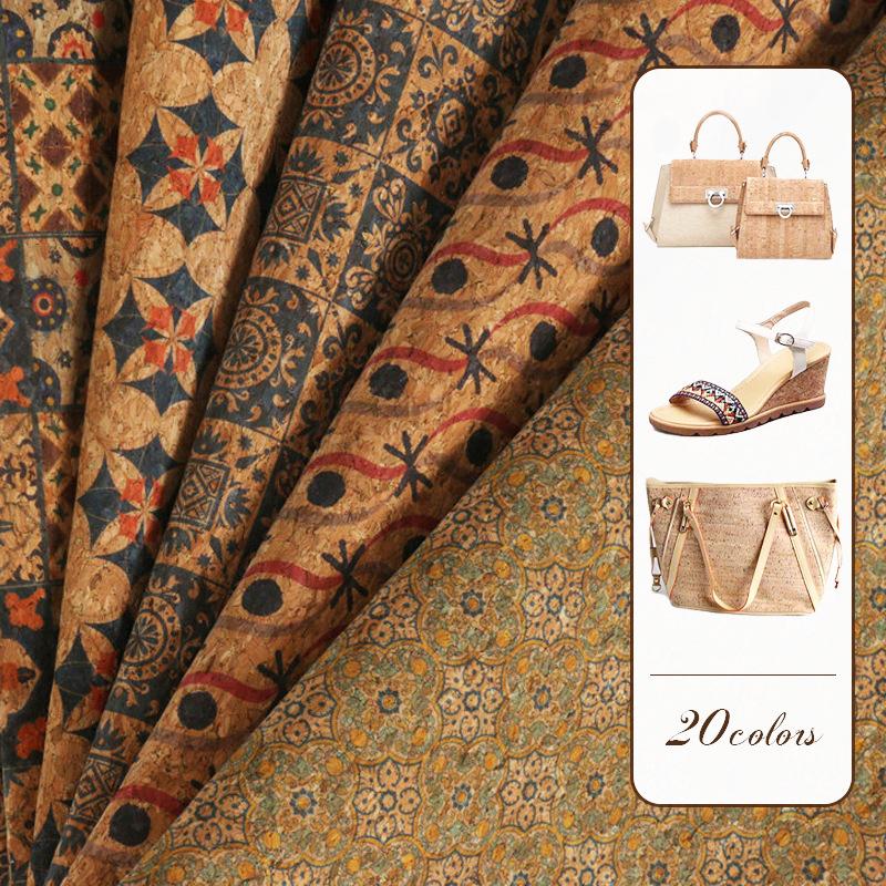 Designer 0.45 mm Organic Vegan Synthetic Printed PU Leather Cork Fabric for Clothing Bags Shoes Making Phone Case Cover Notebook