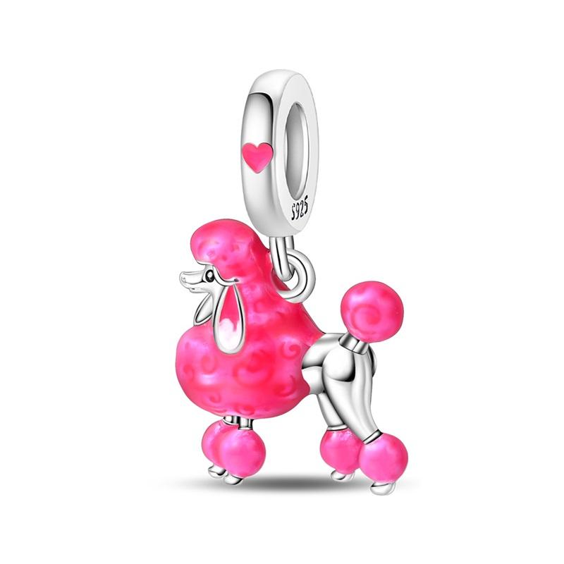 S925 Silver Cute Dog Charms Bead Keychain Animal Puppy Teddy Yorkshire Terrier Crab Paw Whale Rooster Snake Crocodile Jewelry