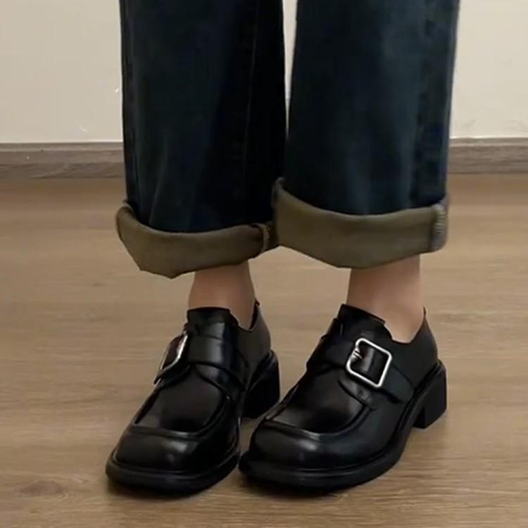 British temperament square head thick heel single shoes women's retro platform heightening loafers small leather shoes