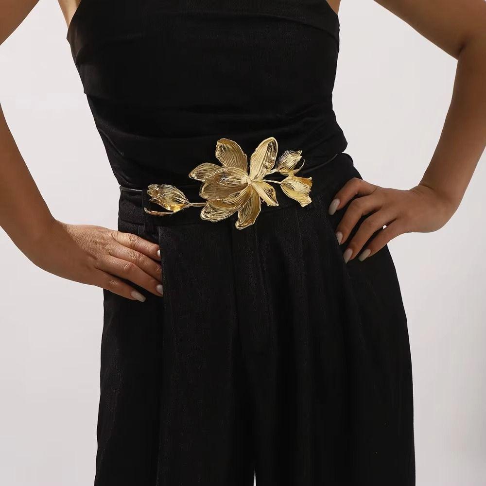 Adjustable Metal Flower Waist Chain Vintage Exaggerated Belt Golden Tulip Belt  Bag Decoration