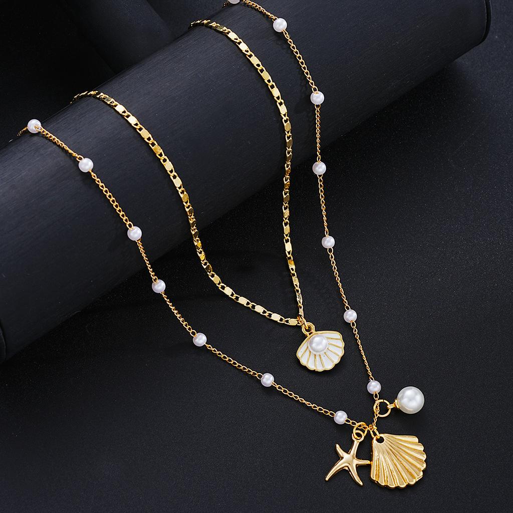 2PCS Women's Starfish Shell Imitation Pearl Necklaces Elegant Gold Color Waterproof Pendant Necklace Copper Metal Beach Jewelry