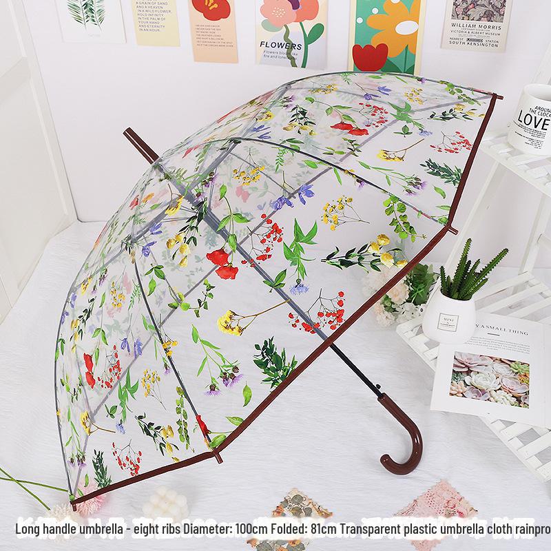Japonský lesní styl průhledný deštník s třešňovými květy s klenutou dlouhou rukojetí pro studenty