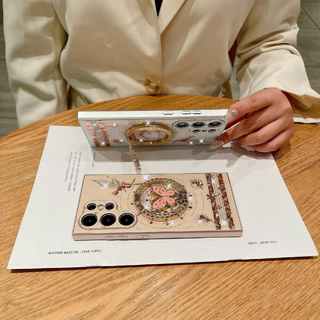 For Samsung Galaxy S25 Ultra Magnetic Case Kickstand TPU+PC Phone Cover Butterfly Pattern Rhinestones Decor