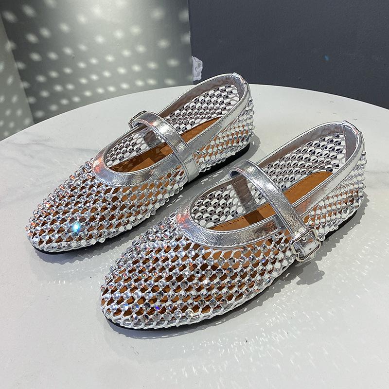 Hollow and breathable full diamond Mary Jane shoes for women's 2025 summer new temperament French flat soft sole with skirt light mouth single shoes