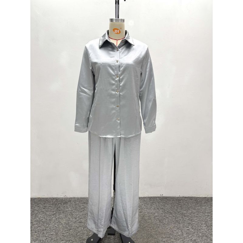 

Западный стиль Новая мода Повседневный Свободный Комплект рубашки с длинным рукавом и брюк с широкими штанинами Комплект рубашки и брюк Grey XXL