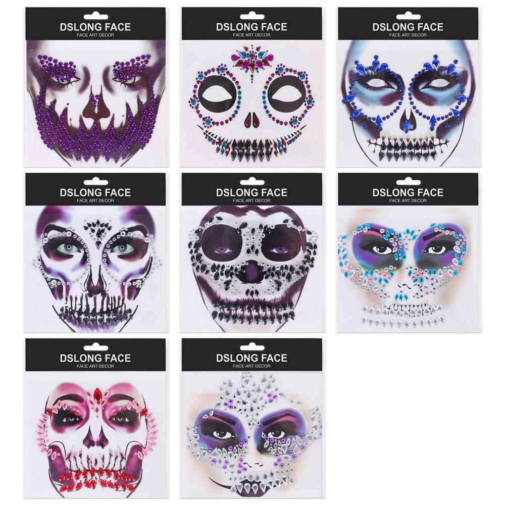 

8 листов скелет демона Хэллоуин наклейки для лица палка для лица драгоценные камни высокого качества кошачье лицо драгоценности для макияжа