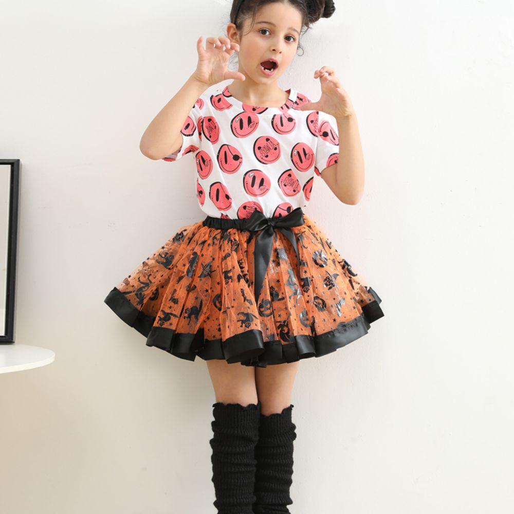 2 Pcs/Set Pumpkin Children Short Dress Bow Halloween Kids Dress Soft Tulle Skirt Headband  Party