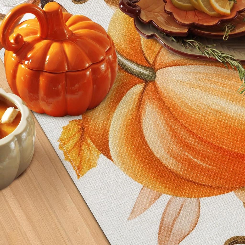 Bonhause Fall Pumpkin Leaves Table Runner 13x90 Inch Orange Buffalo Plaid Autumn Thanksgiving Harvest Kitchen Dinning Table Decoration for Indoor