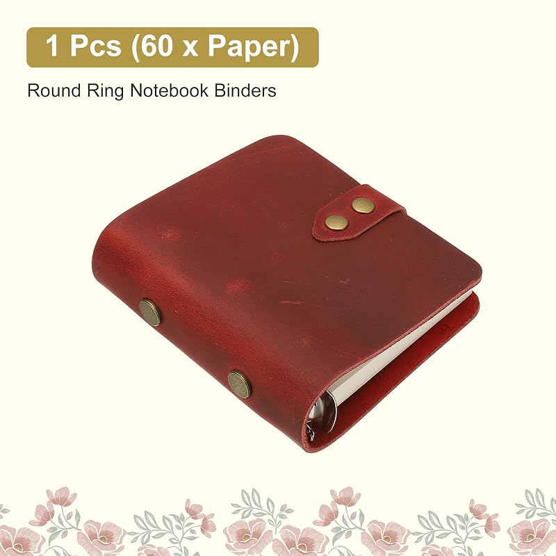 PATIKIL A9 Genuine Leather Journal 3-Ring Binder Planner with 60 Sheets of Loose-Leaf Paper (Refillable), Snap Button Closure, Red