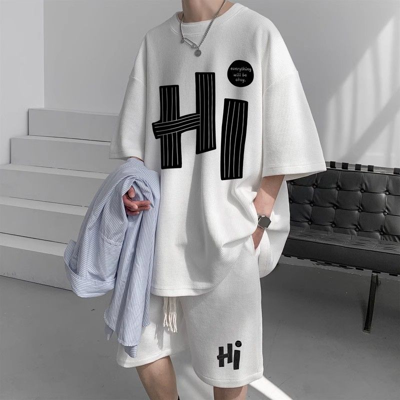 Casual Men's Summer T-Shirt Shorts Two-Piece Set Loose Fit Hong Kong Style Printed Plus Size Sportswear