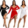 Rhinestone V-Neck Sexy Slit Long Sleeve Irregular Dress for Women