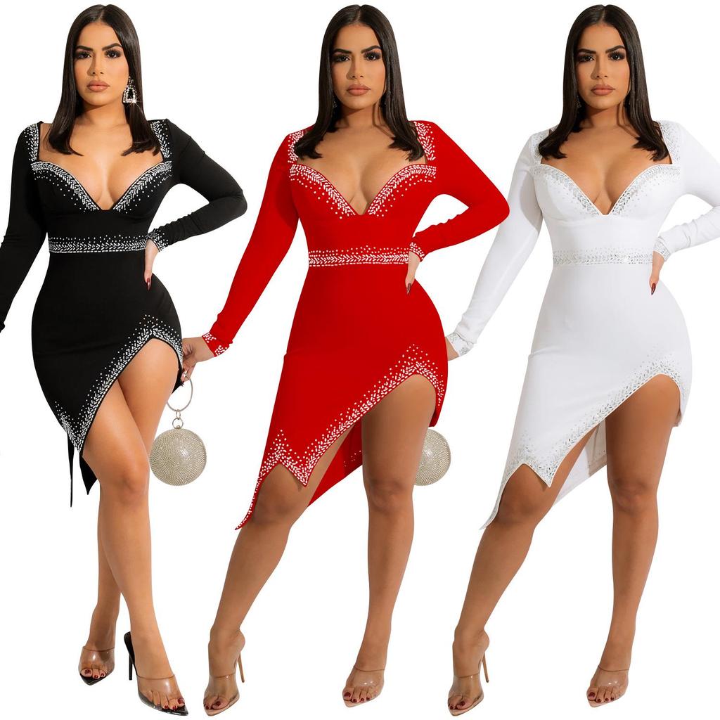 Rhinestone V-Neck Sexy Slit Long Sleeve Irregular Dress for Women