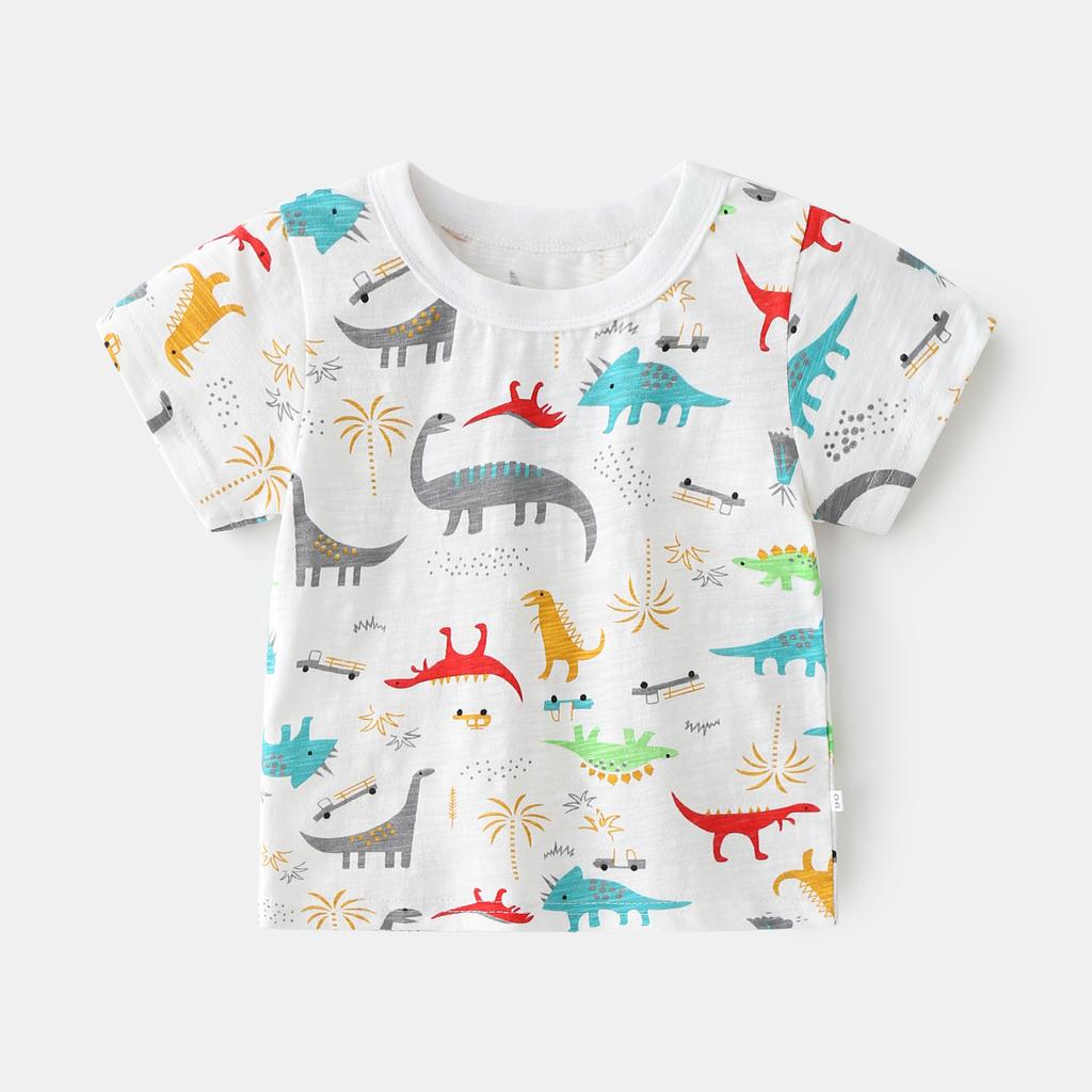 2024 Sommar Ny Barnkläder T-shirt för Barn Bomull Trendig Dinosauriemönstrad Topp för Pojkar Korta Ärmar