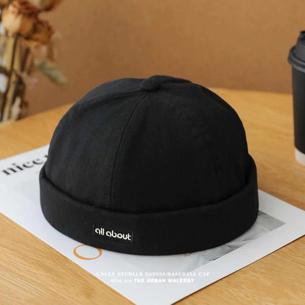 Qzkouma and Brimless Roll Cotton Retro Watch Men's Women's Cap, Cap, Adjustable, AAD-54 (Black)