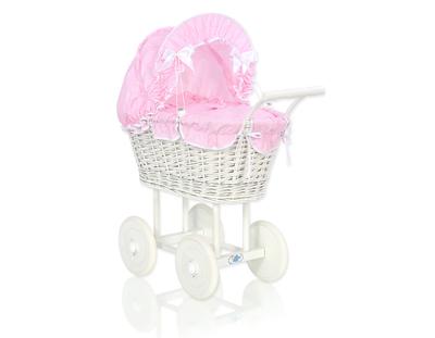 Tall Wicker Doll Stroller with Pink Bedding and Lining - White