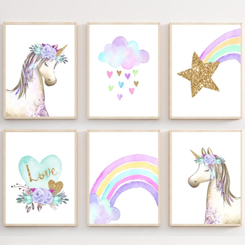 Unicorn Cloud Rainbow Wall Art Canvas Painting Nursery Posters And Prints Wall Pictures Baby Kids Room Décor No Frame