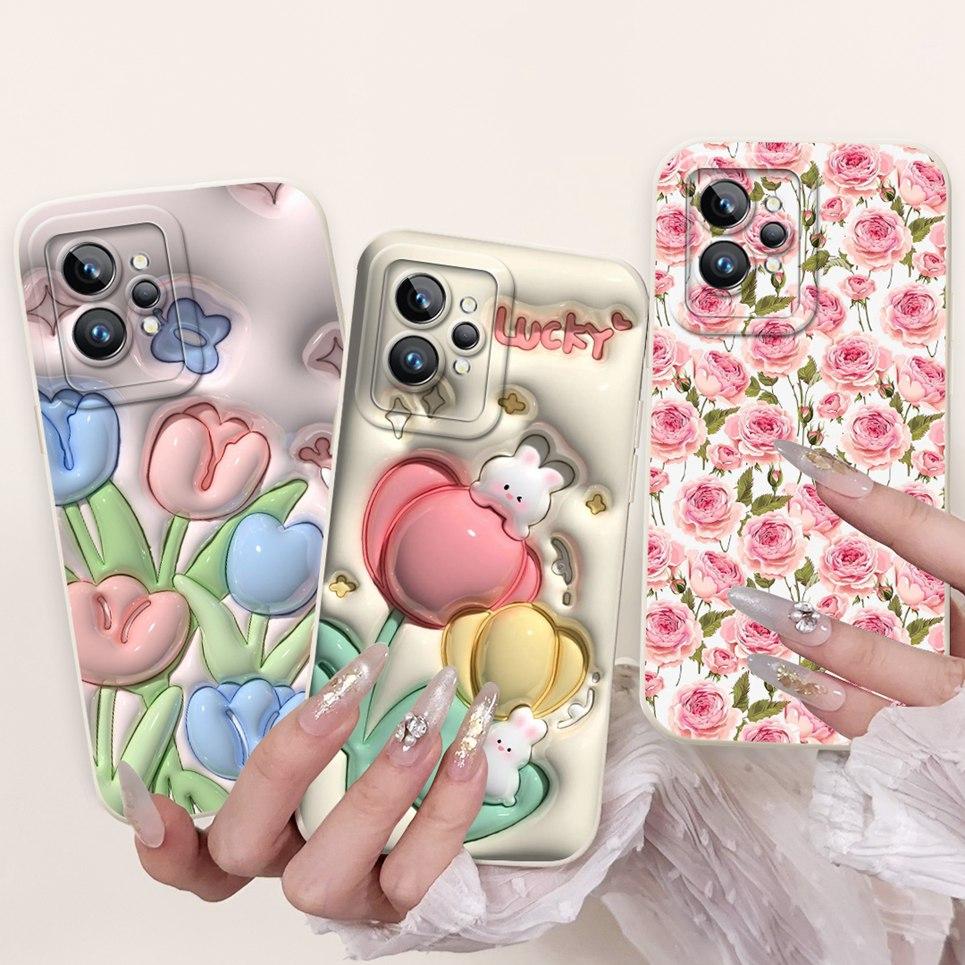 Cartoon Case For Realme GT2 Pro RMX3301 / Realme GT Neo2 GT 2 Bumper Soft Liquid Silicone Back Cover Flower Luxury Phone Shell