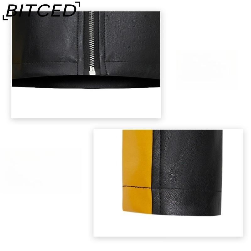 BITCED PU Leather Contrast-Colour Patchwork Sexy Leather Jacket, Stand Collar, Slim-Fit Cropped Style, Trendy Biker Jacket for Women