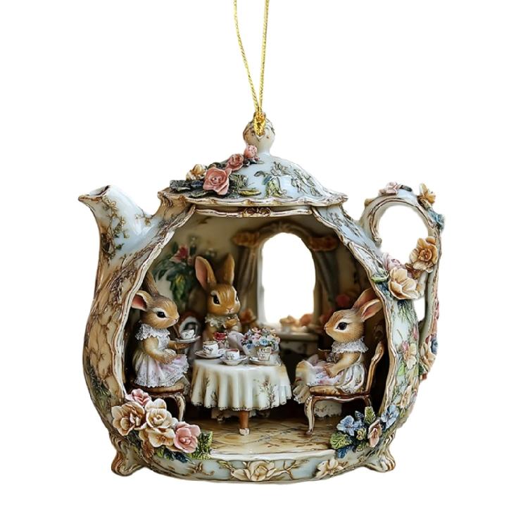 Lovely Rabbit Inside Teacup Automotive Ornament Hanging Item Acrylic Construction Vibrant And Safe Decoration