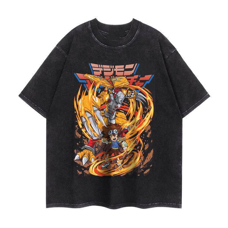 Anime Digimon American Street Washable Short-sleeved T-shirts for Men and Women Cartoon Round-neck Loose Retro Couple Tops