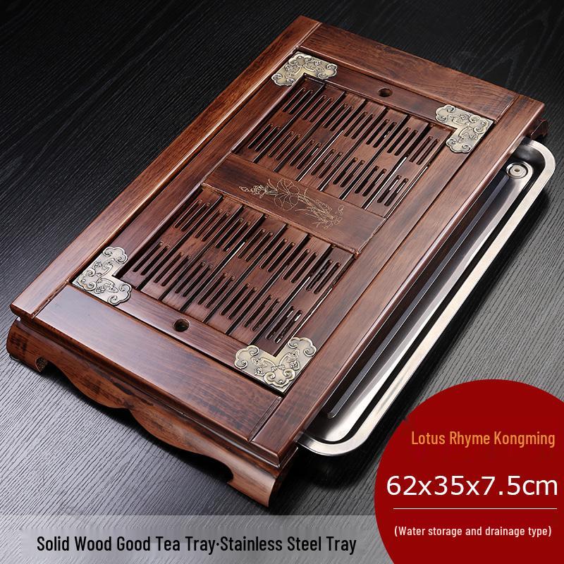 Large Solid Wood Kung Fu Tea Tray with Stainless Steel Drainage for Living Room