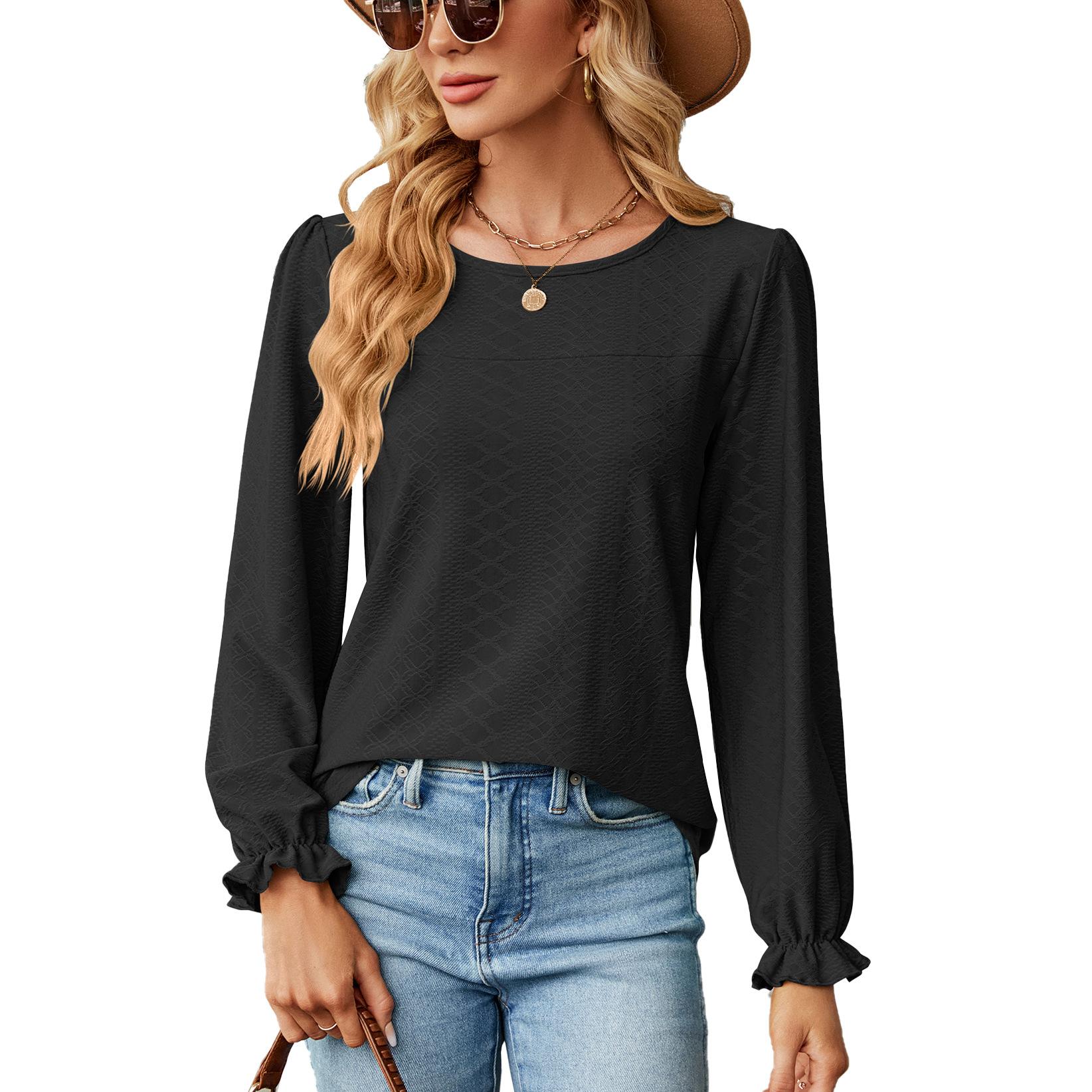 

Женская мода повседневные однотонные с принтом летние весенние блузки и рубашки с длинным рукавом и круглым вырезом XXL чёрный