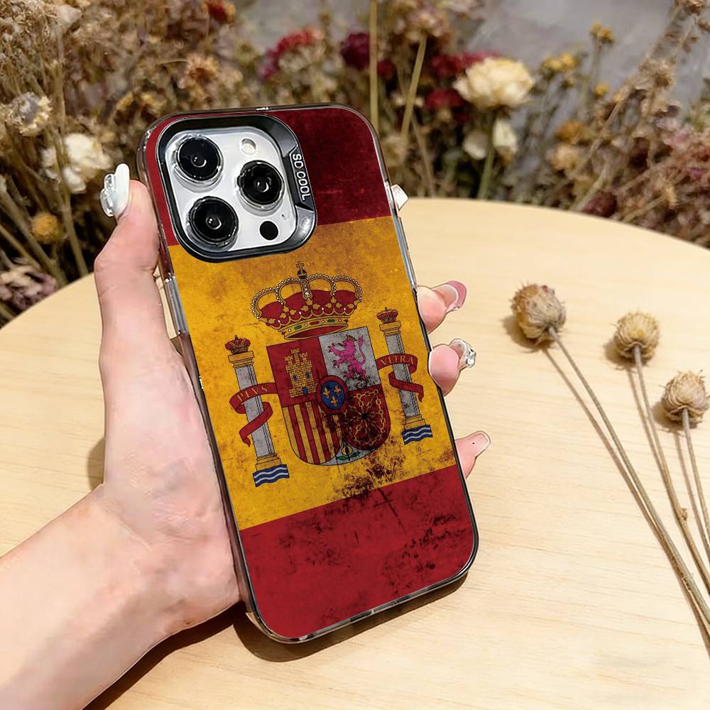 

spain flag Phone Case For iPhone 17,16,15,14,13,12,11 Plus,Pro Max,XS,Colored Silver Plated Inside Cover iPhone15ProMax