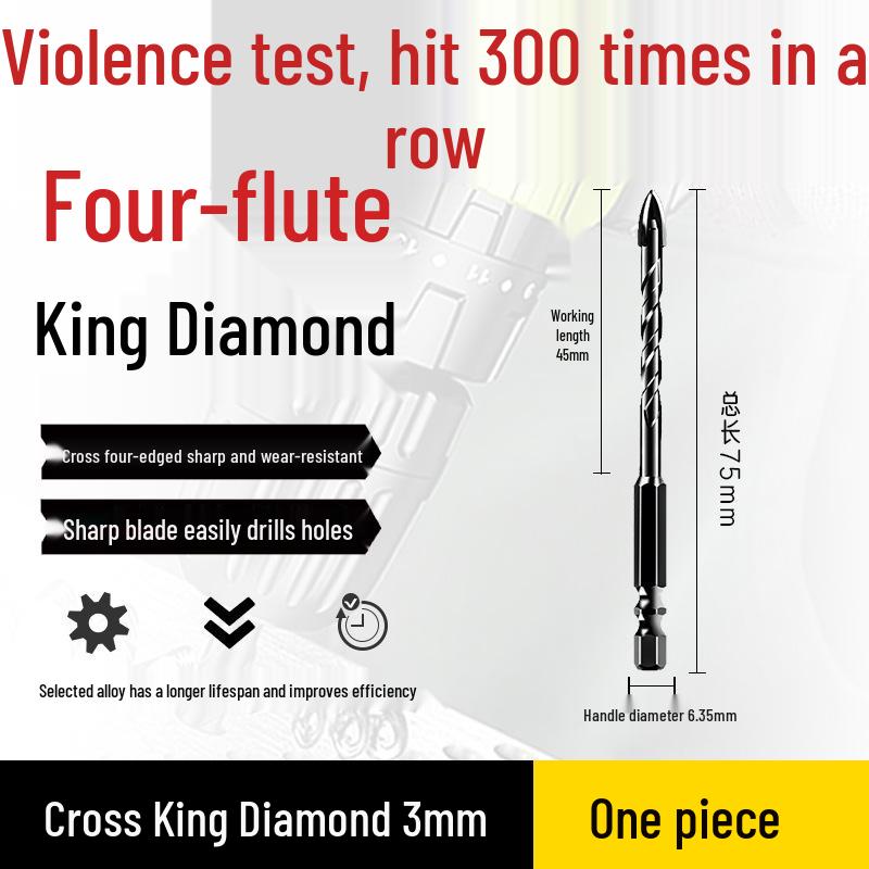 Impact Hex Shank Four-Blade Cross King Drill Bit for Concrete, Tile, and Glass