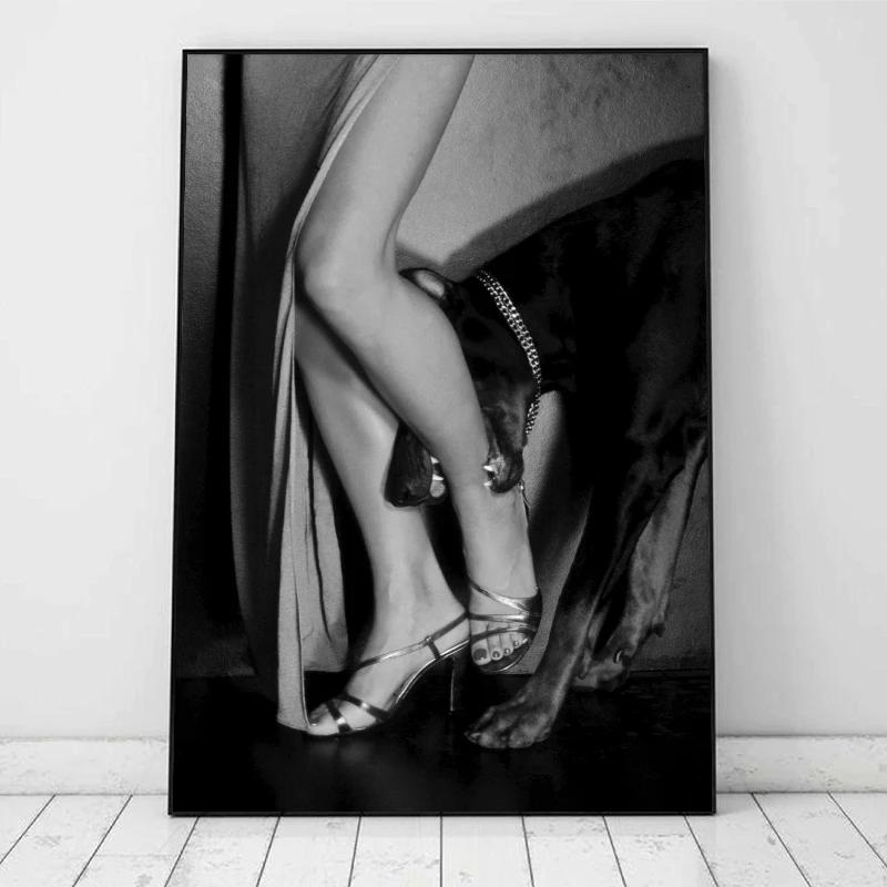 Luxury Fashion Doberman Sexy Woman Black White Posters and Prints Canvas Printing Wall Art Picture for Living Room Home Decor