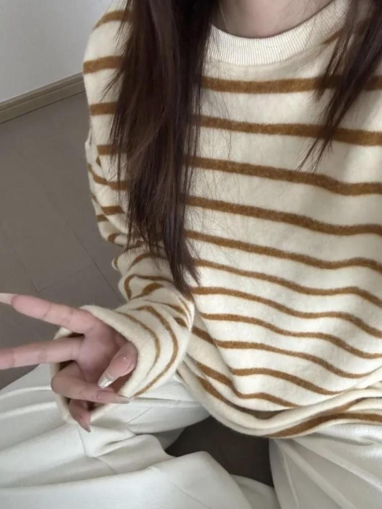 Women's Plush Faux Cashmere Striped Long Sleeve T-Shirt - Autumn Winter Thickened Knit Top
