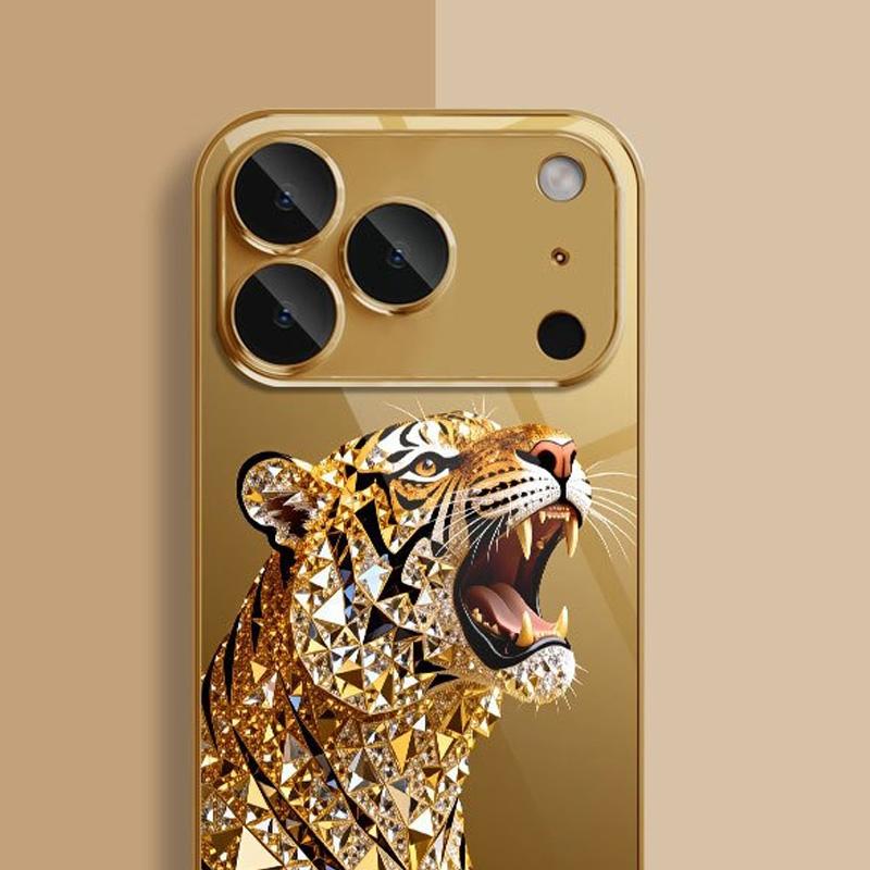 Golden Tiger Diamond Pattern Metallic Tempered Glass Phone Case For iPhone 11 12 13 14 15 16 17 18 Pro Max Plus 17 Air 16E Cover