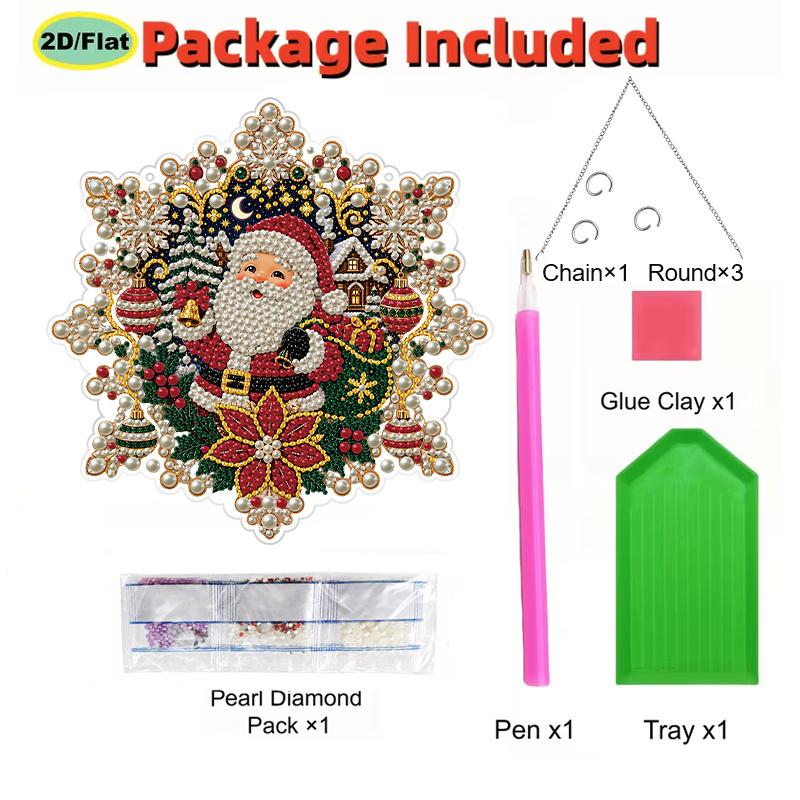 Christmas Acrylic Pearl Ornament Kit, DIY Suncatchers, 3D Mixed Pearls,7.87/9.72Inch Snowflake Santa, Xmas Decor & Gifts