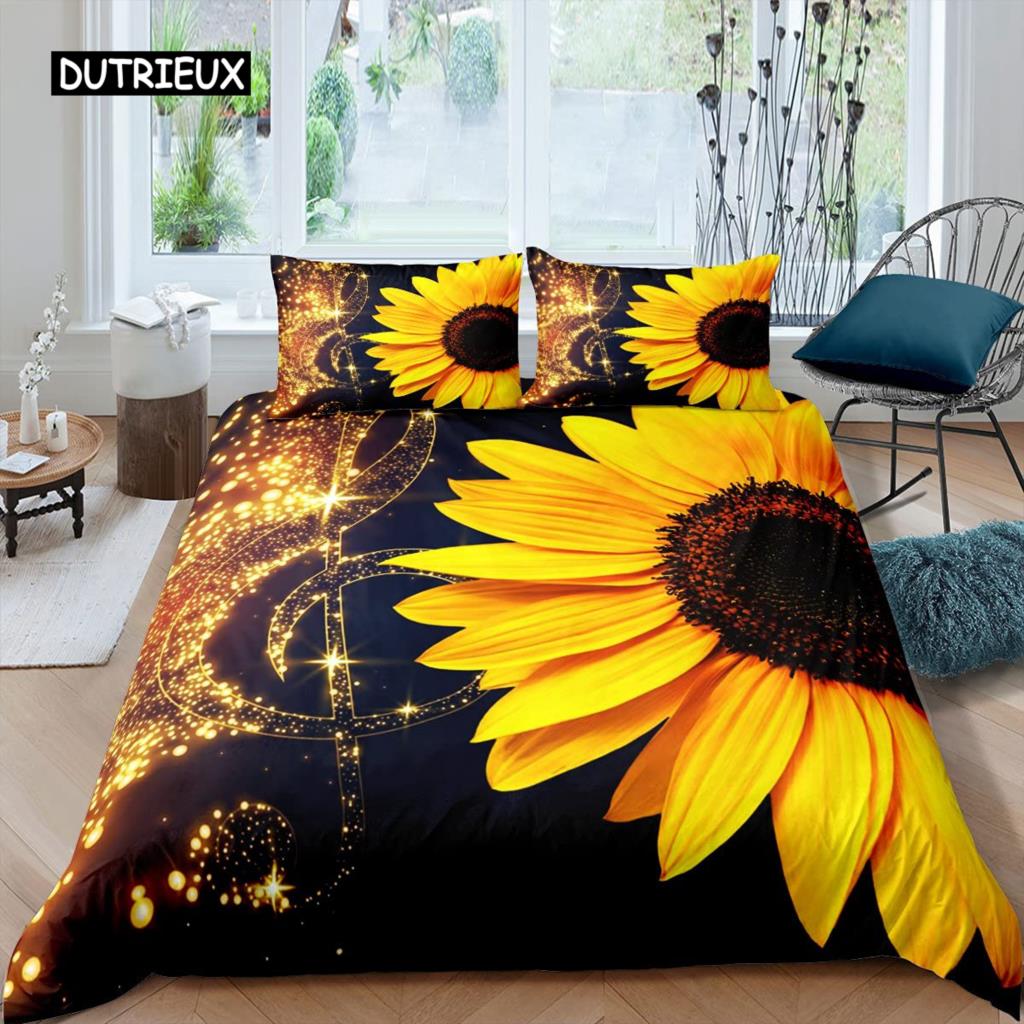 Sunflower Duvet Cover Set Queen Set Milk Cow Comforter Cover Black White Abstract Bedding Set Plant Leaf Polyester Quilt Cover