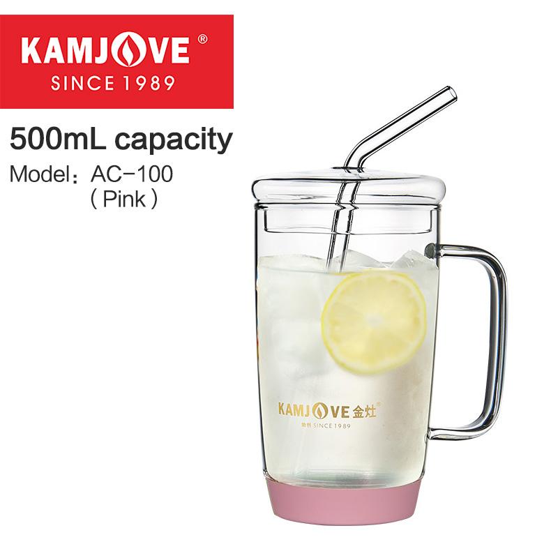 

KAMJOVE Прозрачная многоразовая чашка с трубочкой Стакан для воды из высокоборосиликатного стекла с крышкой 500 мл Креативная чашка для воды Модная чашка с трубочкой 500ml