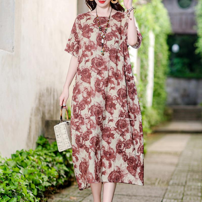 Vintage potisk Dlouhé šaty pro ženy Nadměrná velikost Volný Krátký rukáv Móda Elegantní Dámské šaty Letní Vintage oblečení