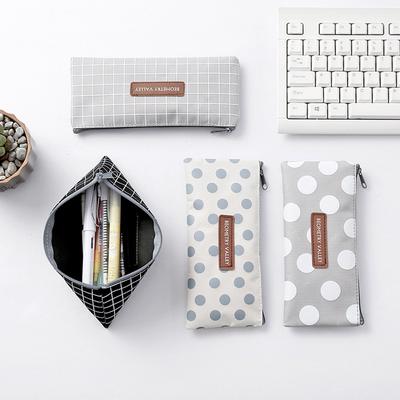 Stationeries Plaid Dot Pattern Zipper Pen Bag Holder Pencil Case Stationery Storage Pouch