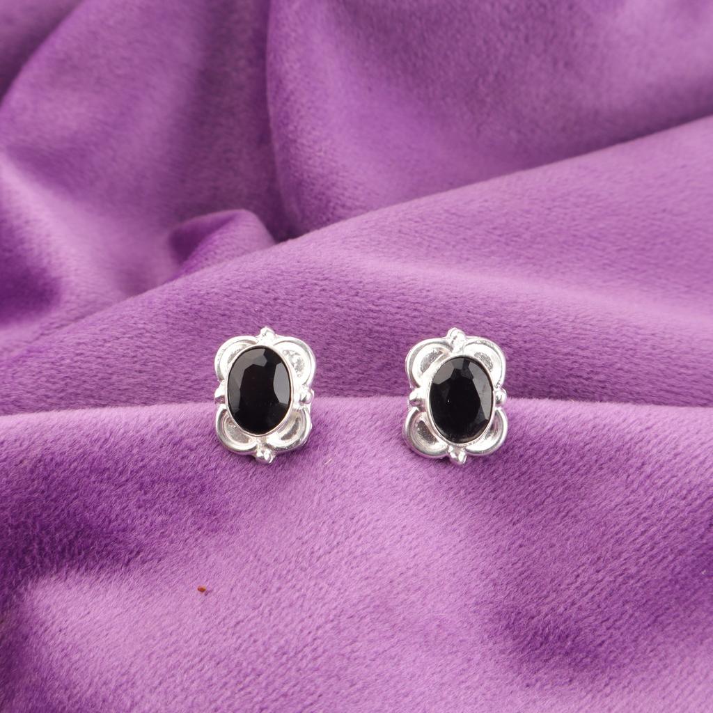Oval Black Onyx Gemstone Push Back Stud Root Chakra Earrings Jewelry 925 Silver EE-149-6