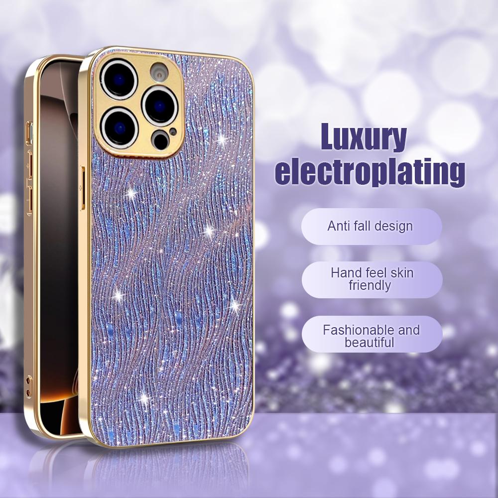 

For iPhone 15 Pro Max Case Electroplating Ripple Texture PU+TPU+PC Phone Back Cover Purple