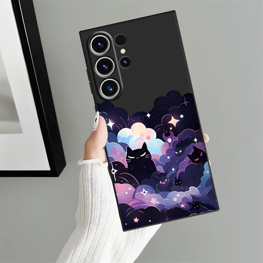 Case for Samsung Galaxy S25 S24 Plus S20 Ultra S21 FE S10 S9 Note 20 8 9 10 S23 S26 Funda Phone Cover Black Cat Starry Night