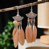 New Fan-Shaped Ethnic Long Feather Earrings for Women Boho Drop Oil Rice Bead Silver Color Metal Earring Vacation Party Jewelry