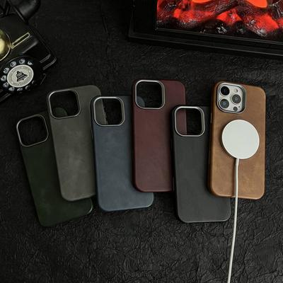 Magsafe İnce Telefon Kılıfı için Vintage Deri iPhone 16 Pro Max 15 Pro 14 13 Düz Renk Darbeye Dayanıklı Sert PC Manyetik Tampon Kapak