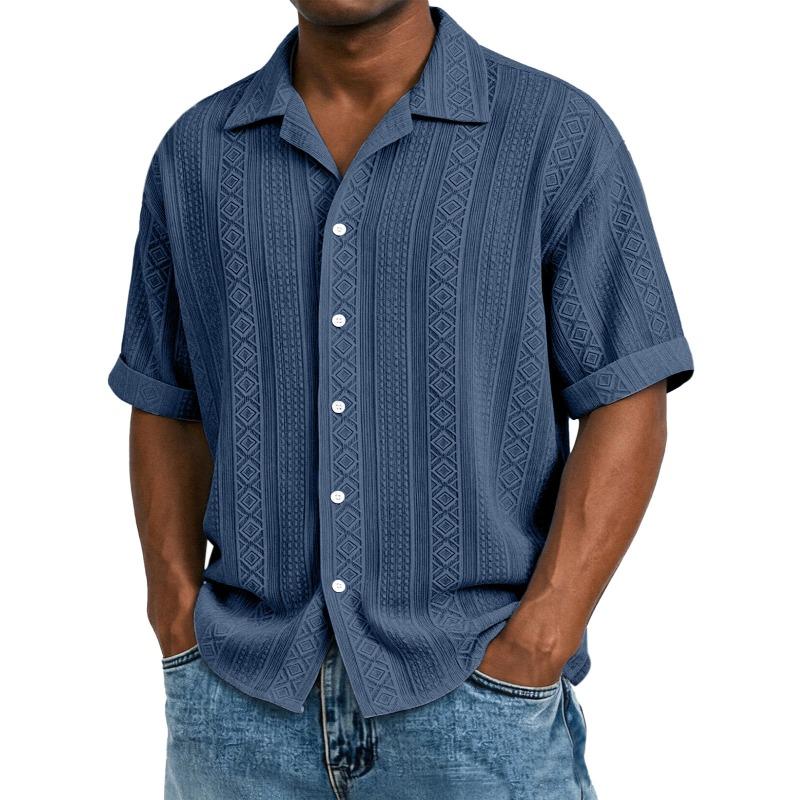 Mens Jacquard Short Sleeve Casual Loose Lapel Solid Vacation Beach Shirt