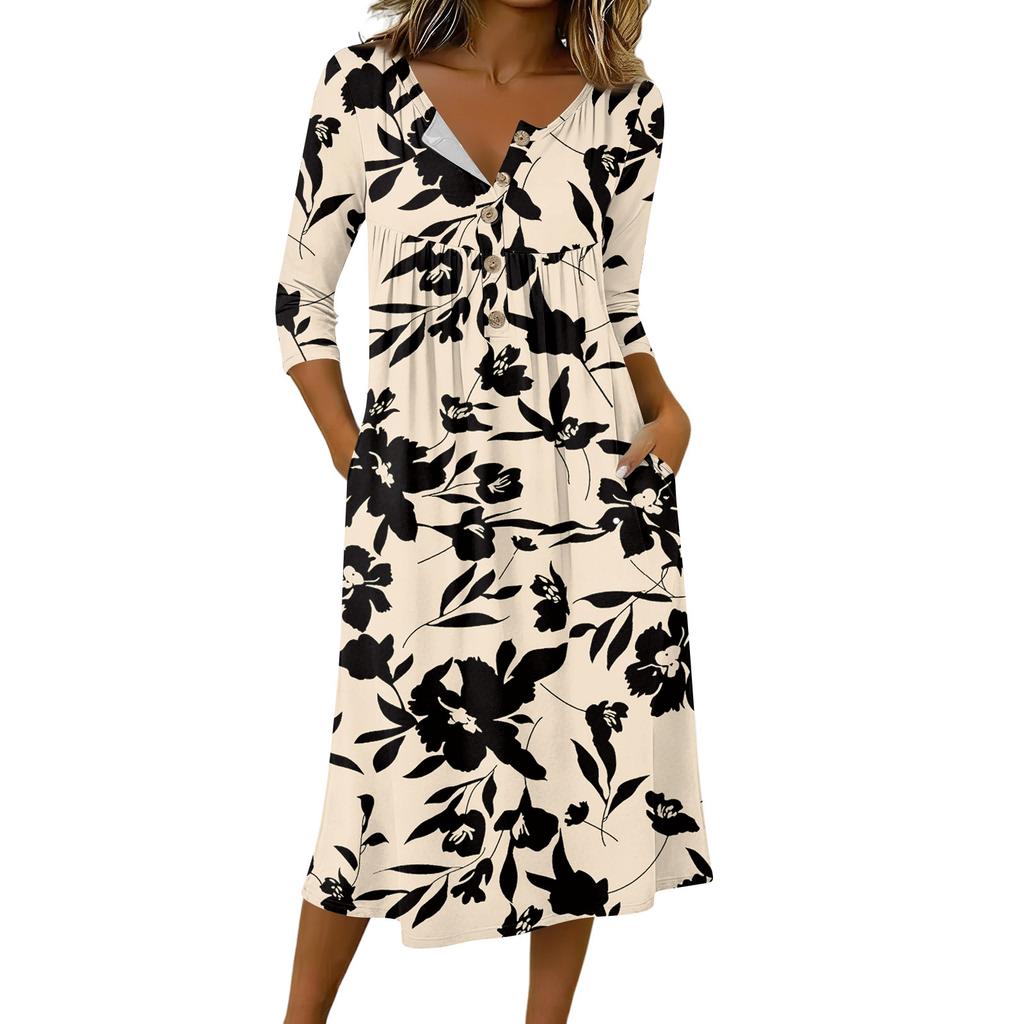 Women's Fashionable Color Printed Round Neck 3/4 Sleeve Button Collar Mid Length Casual Dress