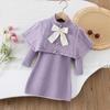 2025 New Autumn Korean Style Cape Knit Dress 2 Piece for Kids Clothing Set Bowknot Long Sleeve Dress Set