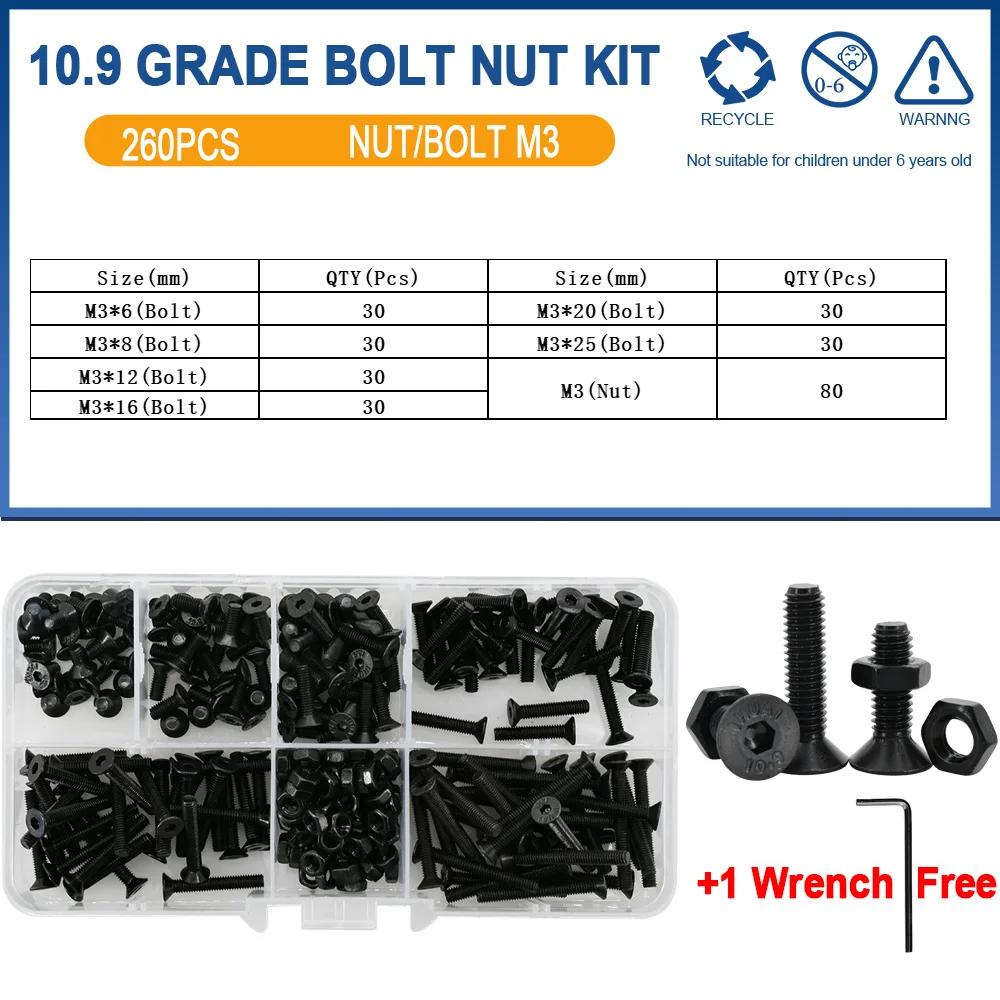 DIN7991 Allen Flat Head Hex Bolt Nut Set Kit M2 M3 M4 M5 M6 Black Grade 10.9 Steel Hex Hexagon Socket Countersunk Head Screw